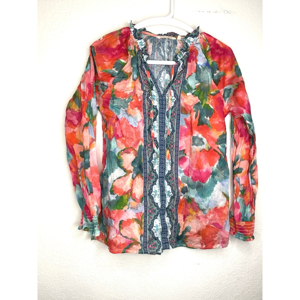 Soft‎ Surroundings Blouse Women's Small Multicolor Floral Long Sleeve Top Boho